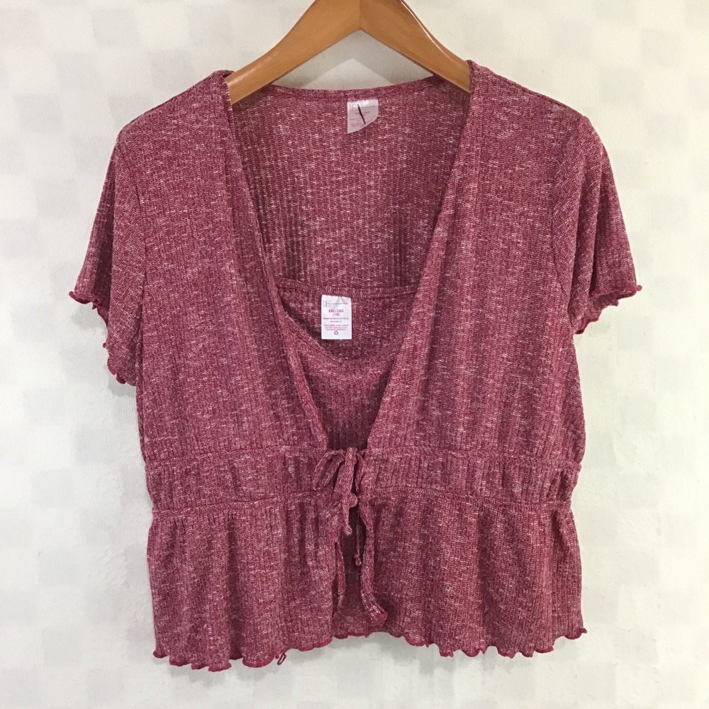 No Boundaries Womens XXL Red Marled Tie Front Peplum Top Short Sleeve Knit